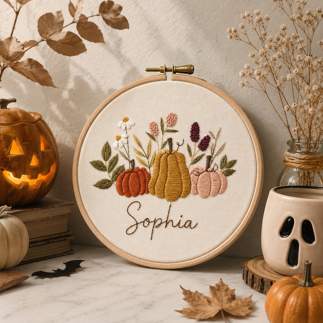 Personalized Pumpkin Hand-Embroidery Hoop Art, Custom Name Fall Decor, Autumn Floral Pumpkin Wall Hanging, Handmade Harvest Gift HOOP23