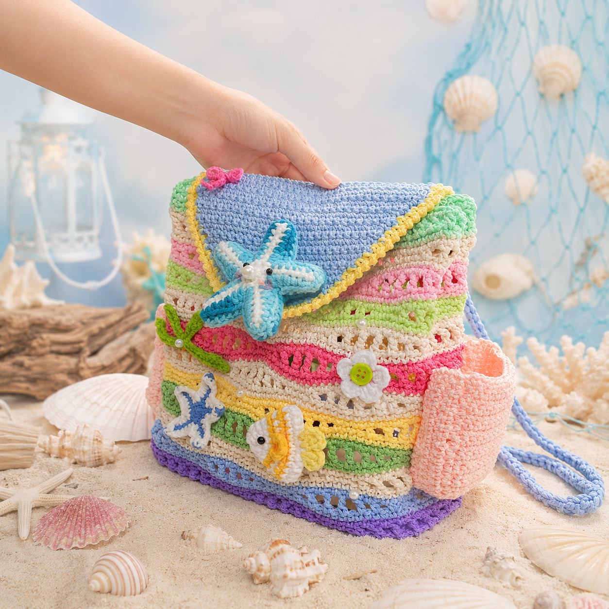 Crochet Kids Backpack, Handmade Colorful Ocean School Bag, Kid Backpack, Starfish Fish Crochet Backpack, Cute Beach Themed Backpack for Girls, Summer Gift for Kids Crochet16
