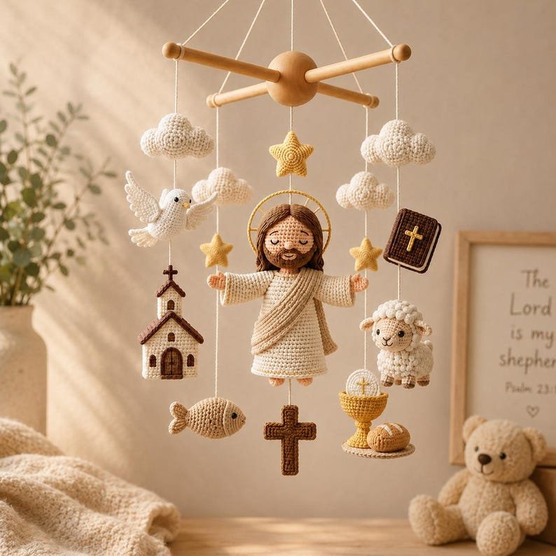 Jesus Christian Baby Crib Mobile, Handmade Crochet Jesus Mobile, Cross Bible Lamb Church Nursery Decor, Christian Baby Shower Gift CrochetBBM20