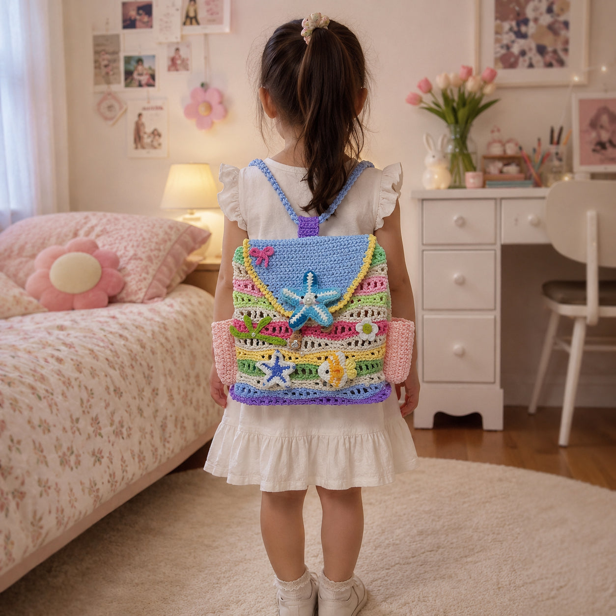Crochet Kids Backpack, Handmade Colorful Ocean School Bag, Kid Backpack, Starfish Fish Crochet Backpack, Cute Beach Themed Backpack for Girls, Summer Gift for Kids Crochet16