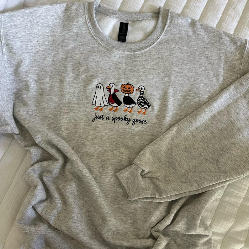 Spooky Goose Embroidered Shirt, Halloween Spooky Season Shirt, Embroidery Geese Fall Autumn, Halloween Gift HLEM22