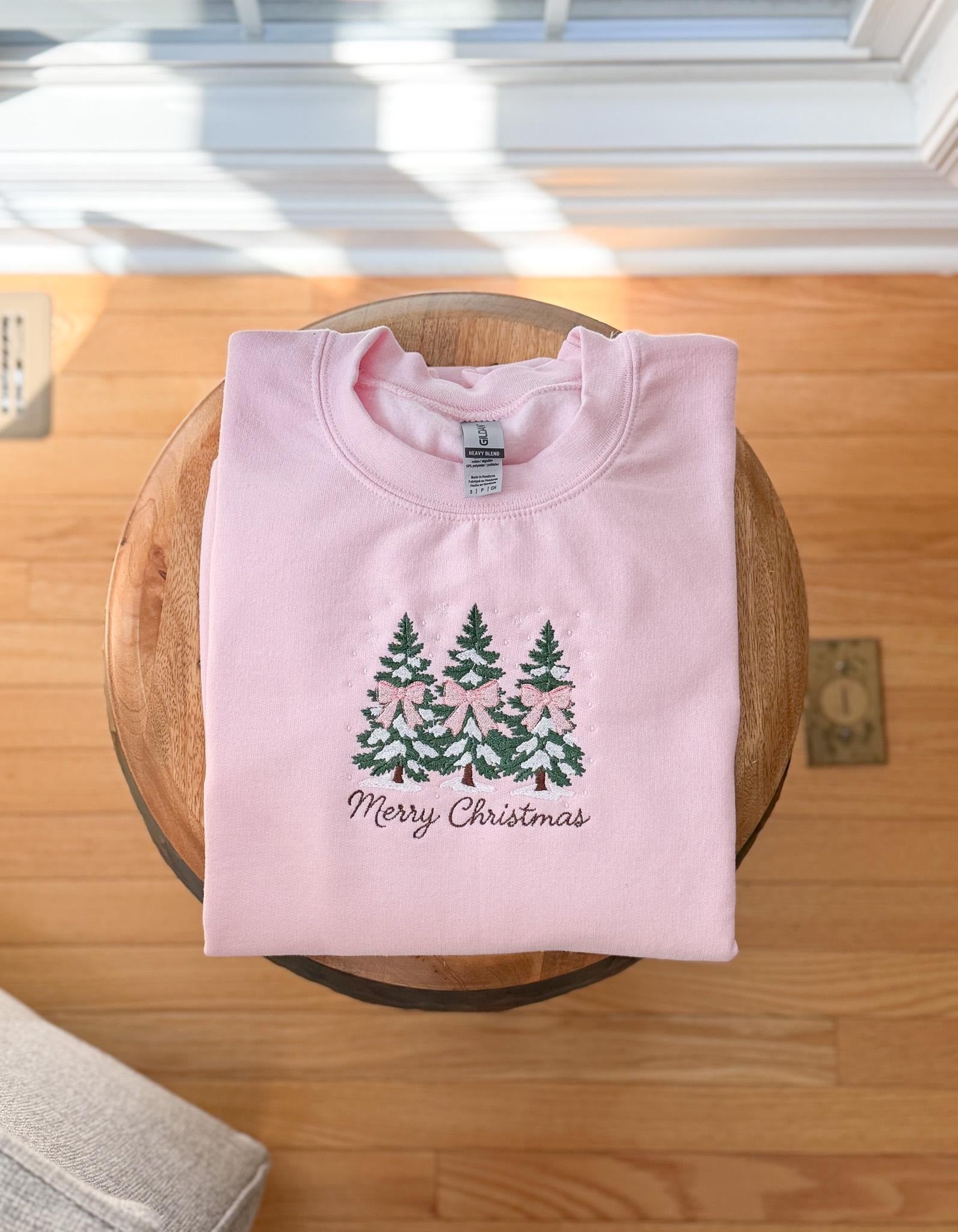 Merry Christmas Embroidered Sweatshirt, Holiday Crewneck with Christmas Trees & Bows, Christmas Tree Embroidery Gift