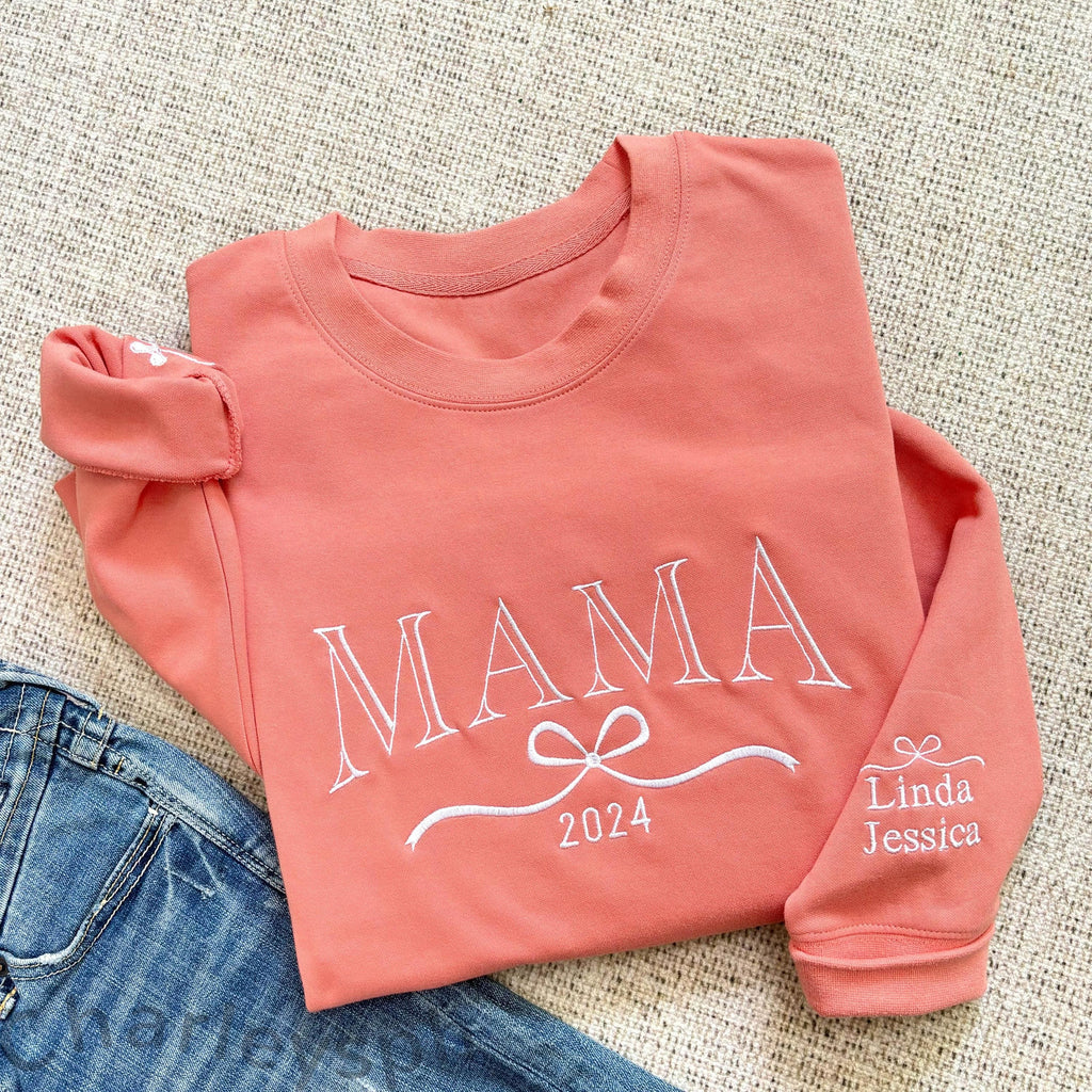 Custom Embroidered Mama Sweatshirt with Kids Name on Sleeve, Personalized Mom Sweatshirt, Minimalist Momma Sweater, Mothers day Gift for Mom