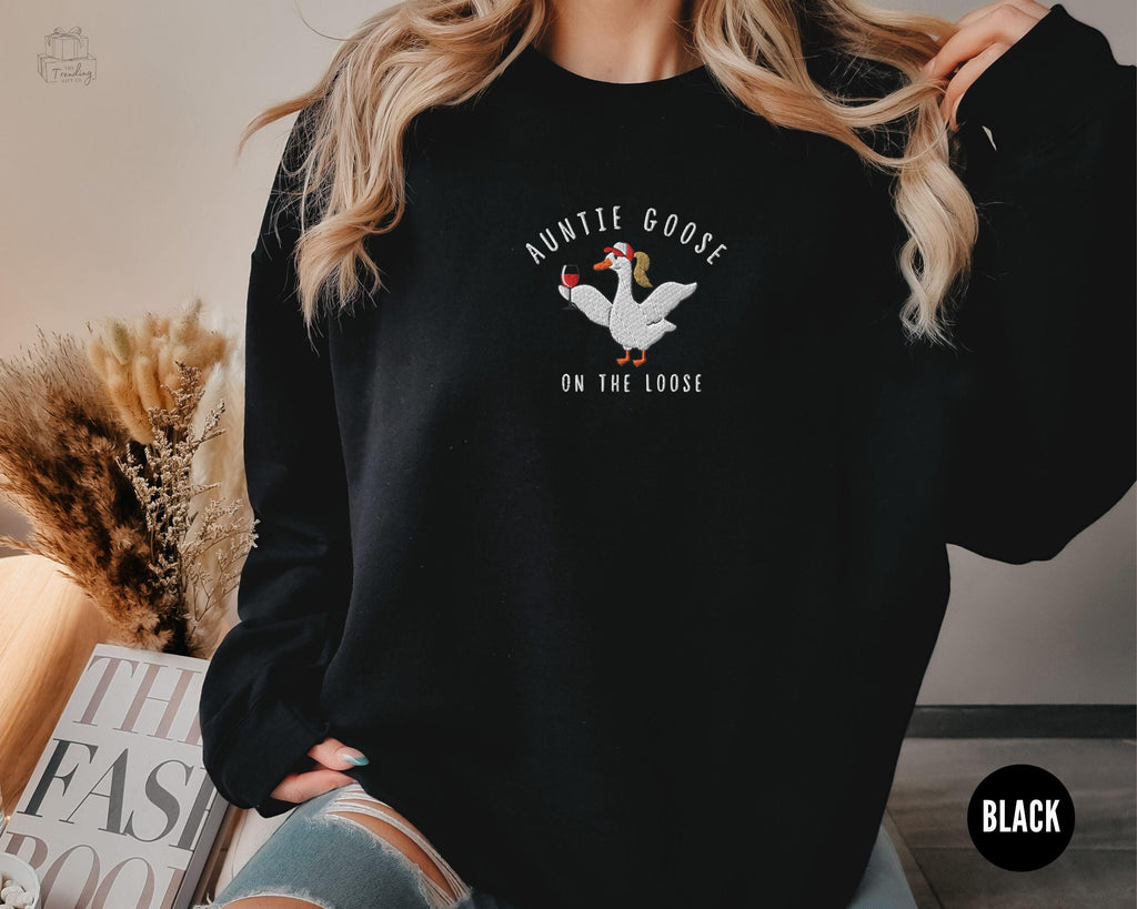 Embroidered Auntie Silly Goose Sweatshirt, Cool Aunts Club Crewneck, Funny Wine Lover Gift for Aunt, New Pregnancy Announcement Sweater