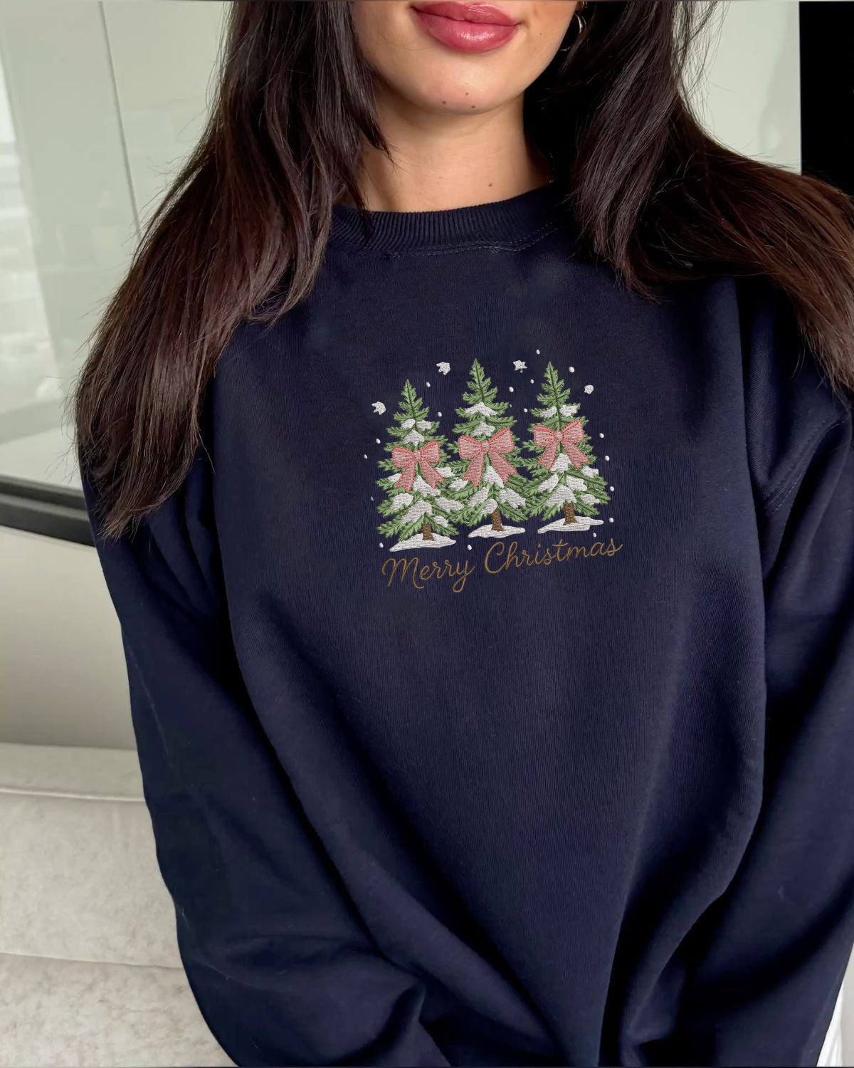 Merry Christmas Embroidered Sweatshirt, Holiday Crewneck with Christmas Trees & Bows, Christmas Tree Embroidery Gift
