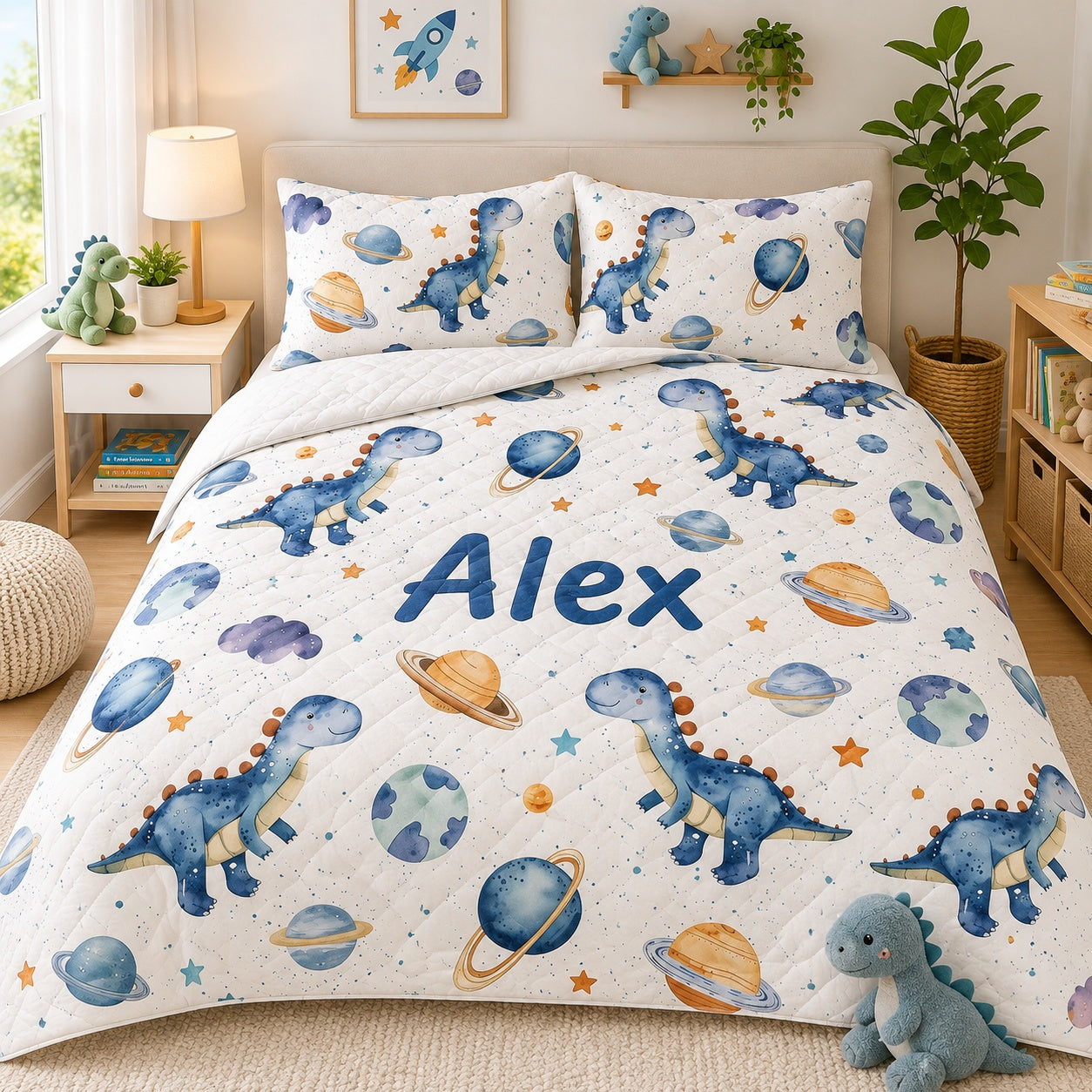 Dinosaur Blanket, Dinosaur Space Quilted Bedding Set, Custom Dino Planet Quilt with Pillow Covers, Kid Space Bedroom Decor QBEDSET21