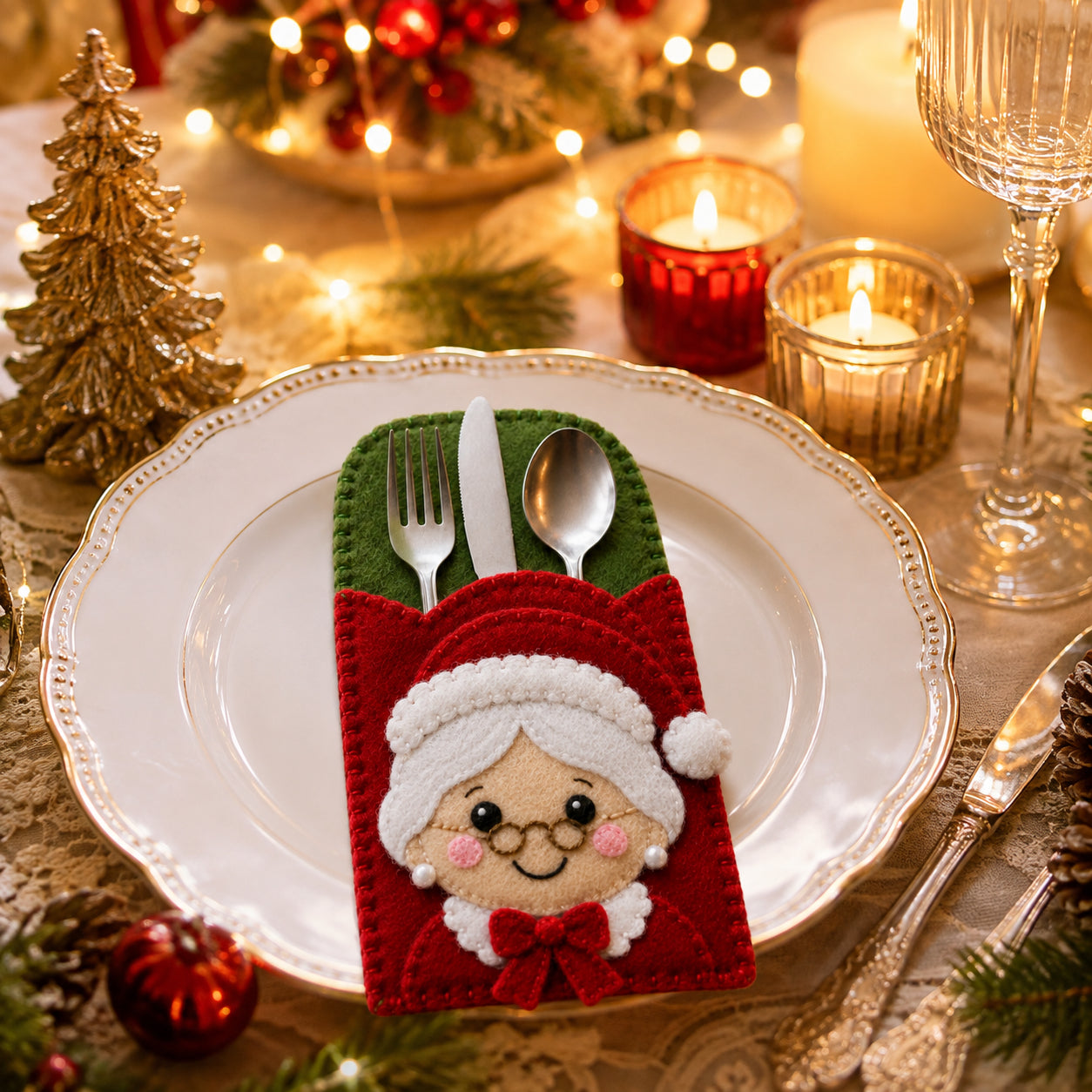 Mrs. Claus Felt Silverware Holder, Christmas Cutlery Pocket, Holiday Table Decor, Festive Dining Decor FELTCH23
