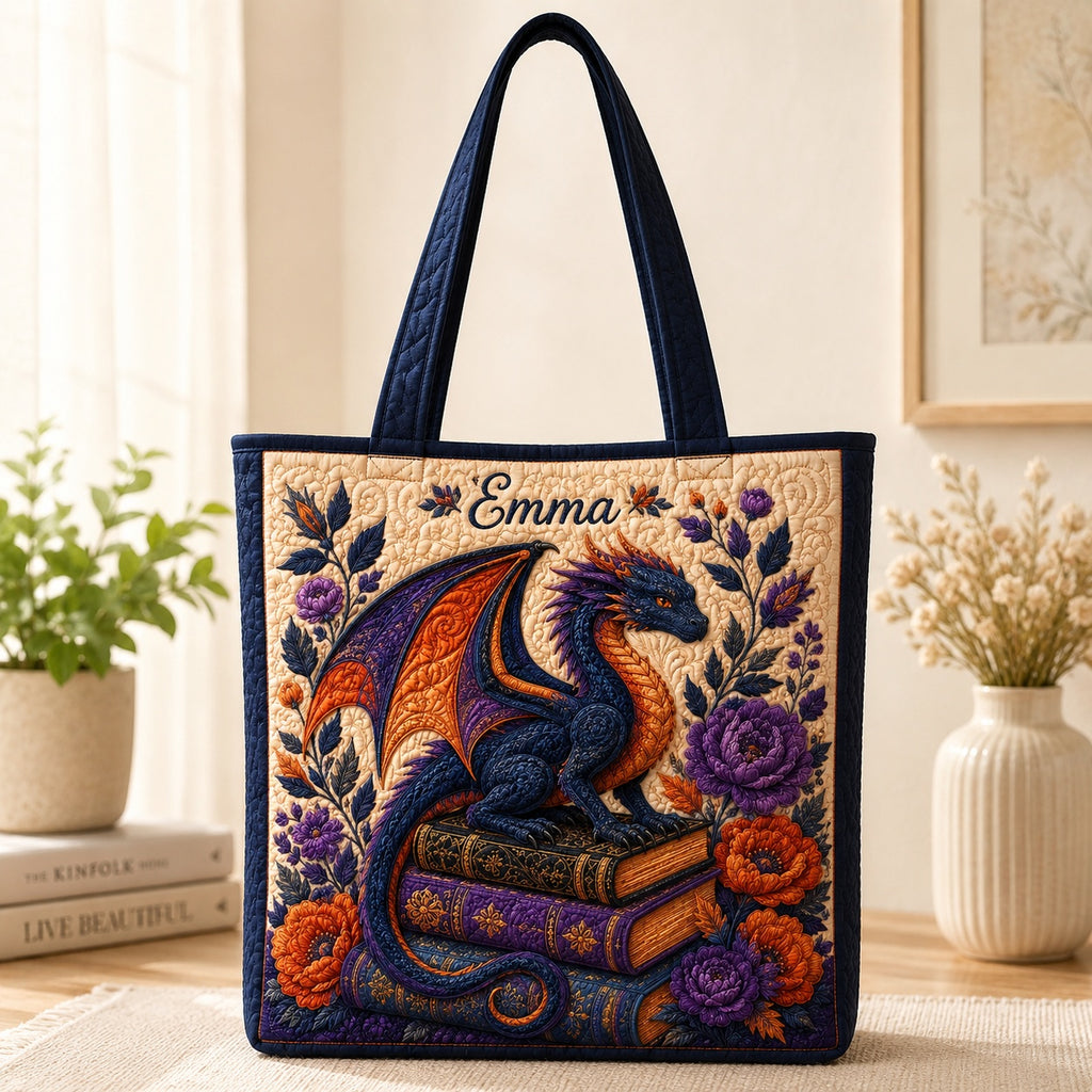 Fantasy Dragon Quilted Tote Bag, Dragon  Book Shoulder Bag, Custom Dragon Lover Tote, Fabric Tote Bag, Gift Bag QTOTE45