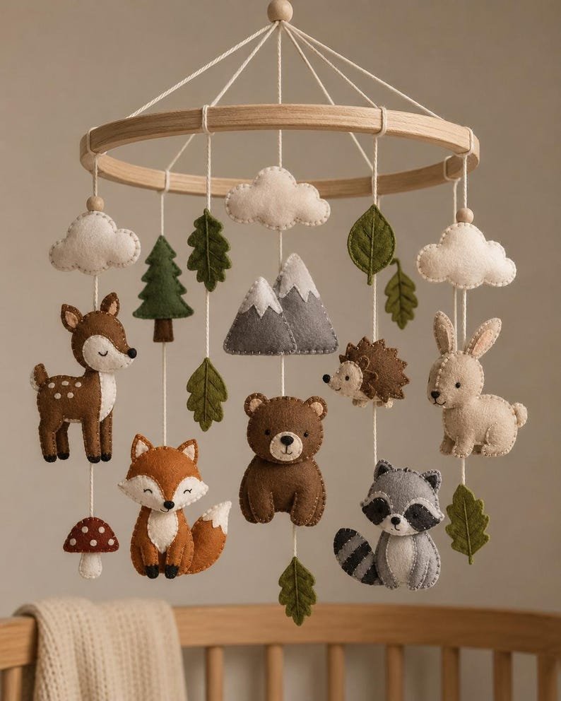Woodland Baby Mobile, Handmade Felt Crib Mobile with Deer Bunny Fox, Baby Nursery Decor, Baby Shower Gift BBMB39