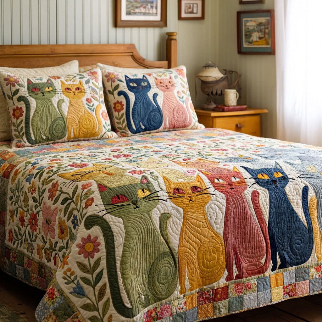 Vintage Cat Flower Quilted Bedding Set, Cat Floral Patchwork Blanket, Quilt with Pillow Covers, Pet Lover Bedroom Decor QBEDSET53