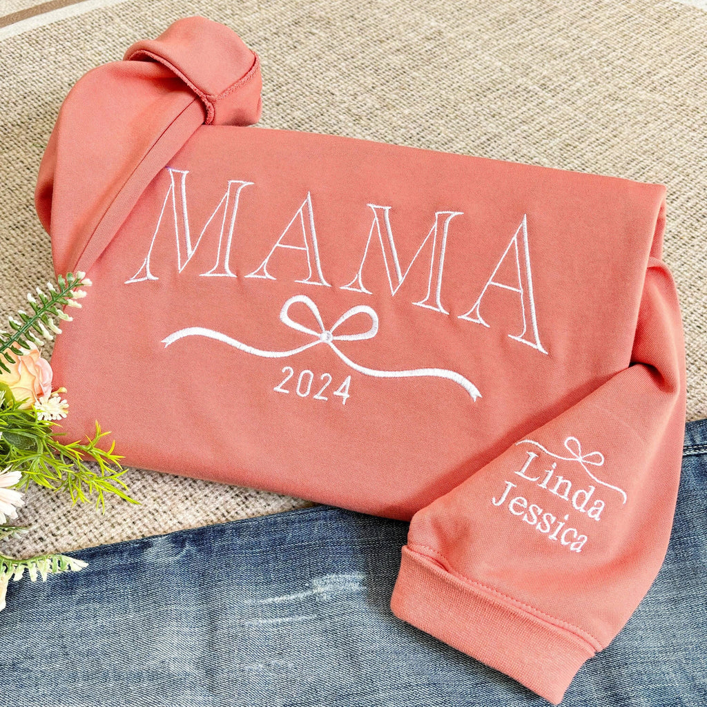 Custom Embroidered Mama Sweatshirt with Kids Name on Sleeve, Personalized Mom Sweatshirt, Minimalist Momma Sweater, Mothers day Gift for Mom