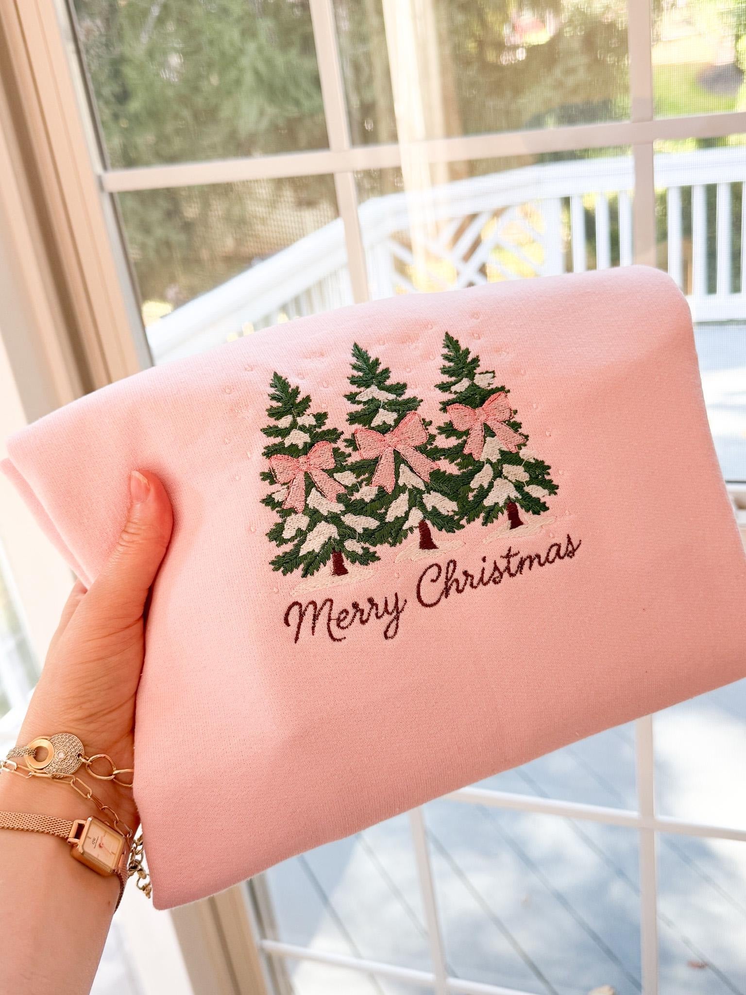 Merry Christmas Embroidered Sweatshirt, Holiday Crewneck with Christmas Trees & Bows, Christmas Tree Embroidery Gift