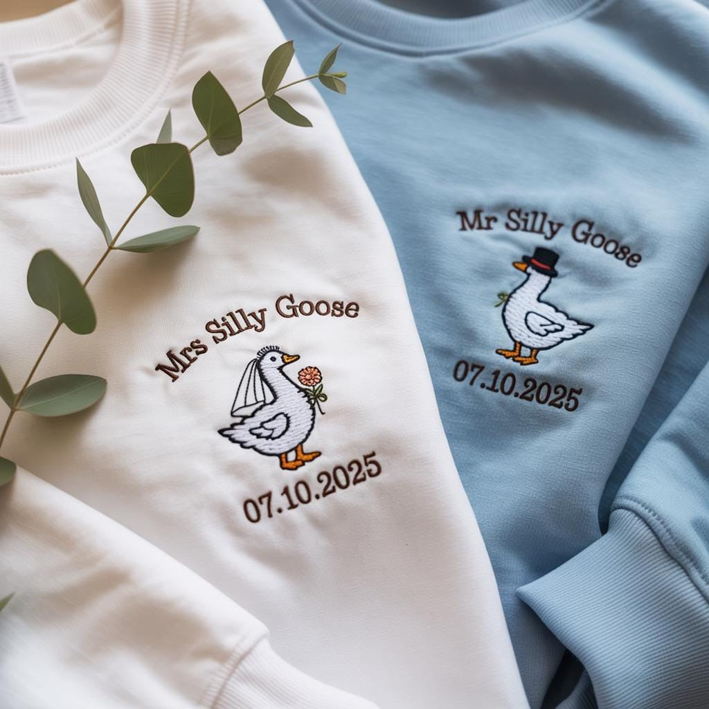 Mr and Mrs Silly Goose Embroidered Shirt Set, Funny Couple Embroidery Matching Shirts, Custom Wedding Date Gift, Goose Bride Groom Tee