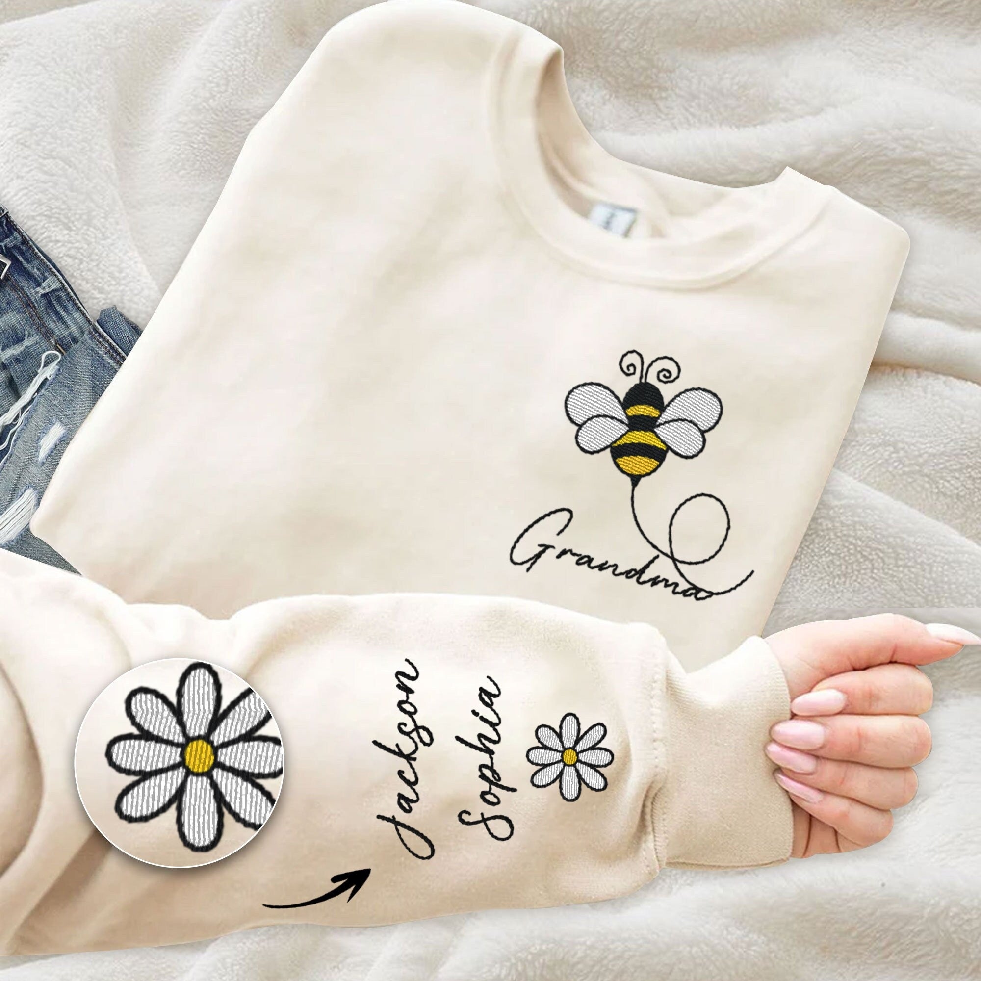 Personalized Grandma Embroidered Sweatshirt, Custom Name Bee Embroidered Sweater With Kids Names Sleeve, Mothers Day Gift for Mom, Grandma
