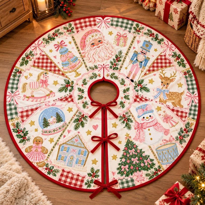 Vintage Santa Gingerbread Quilted Tree Skirt, Patchwork Xmas Tree Skirt, Holiday Decor, Xmas Tree Base Cover, Custom Tree Skirt XMASTS23