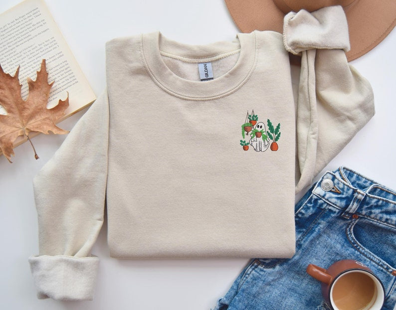Plant Ghost Embroidered Halloween Shirt, Halloween Embroidery Tshirt, Cozy Embroidery Shirt, Halloween Cute Gift Shirt, Ghost Tee HLEM23