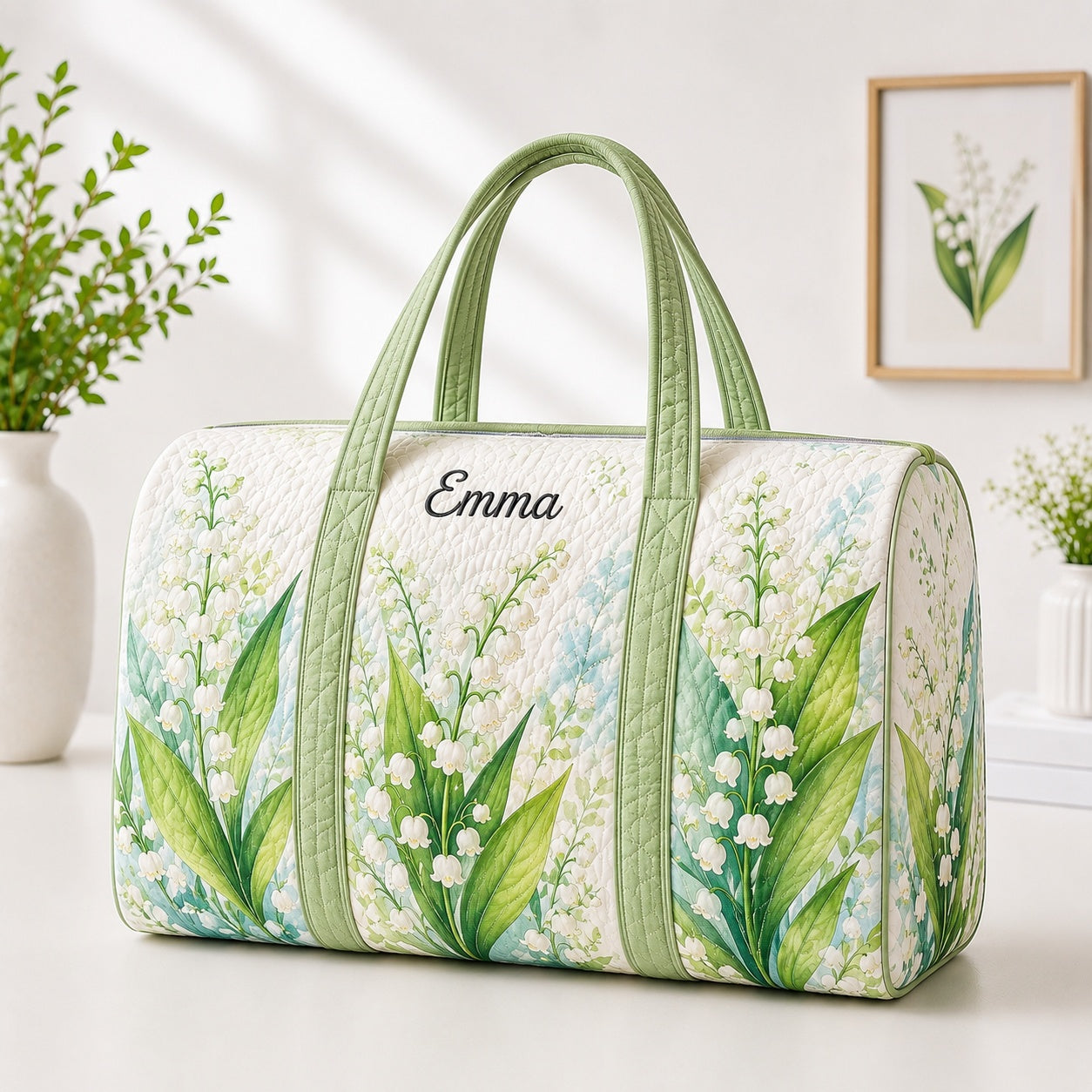 Lily of the Valley Quilted Duffle Bag, Floral Travel Bag, Custom Name Weekender Bag, Botanical Gift for Her DFB45