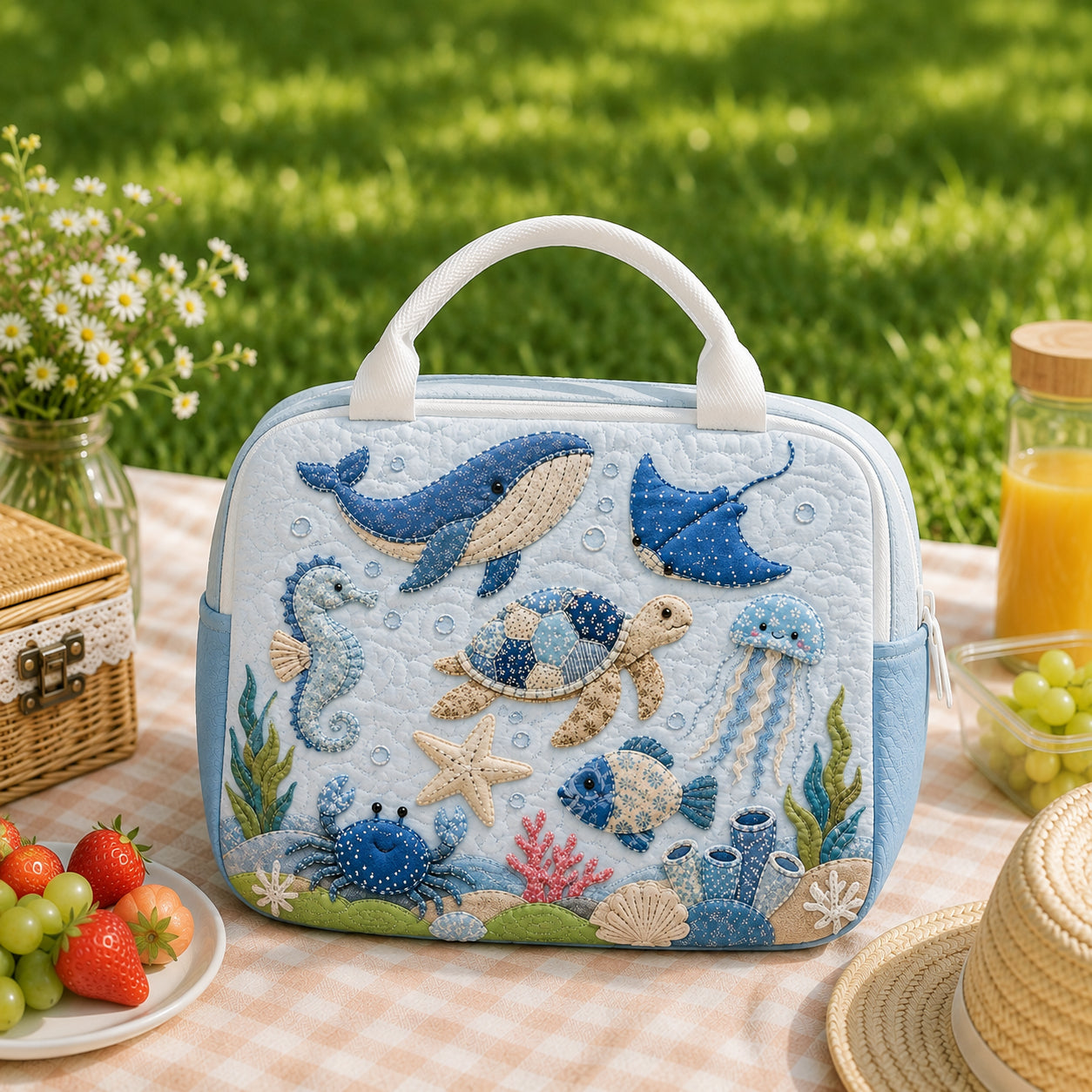Sea Animals Quilted Lunch Bag, Insulated Quilted Lunch Tote, Summer Beach Lunch Bag, Custom Lunch Bag, Back To School Bag, Picnic Bag, Reusable Lunch Tote QLB24