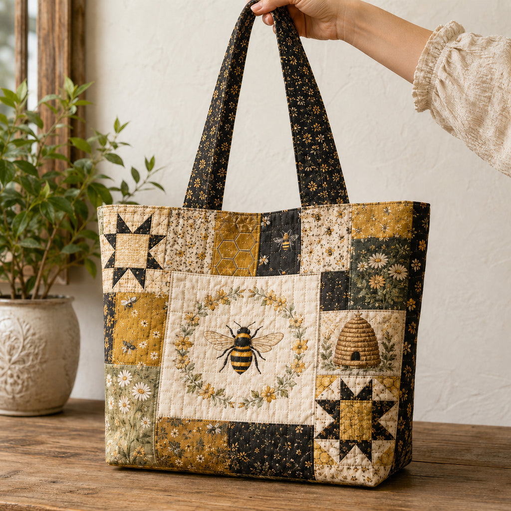 Personalized Quilted Tote Bag, Bee Patchwork Tote Bag, Honey Bee Shoulder Bag, Cottagecore Floral Tote, Quilted Everyday Bag, Beekeeper Gift QTOTE51