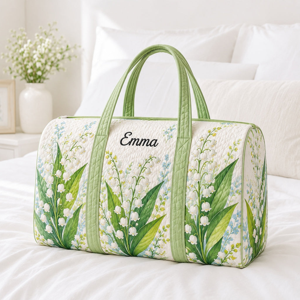 Lily of the Valley Quilted Duffle Bag, Floral Travel Bag, Custom Name Weekender Bag, Botanical Gift for Her DFB45