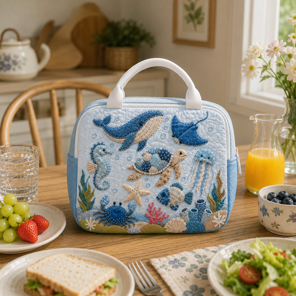 Sea Animals Quilted Lunch Bag, Insulated Quilted Lunch Tote, Summer Beach Lunch Bag, Custom Lunch Bag, Back To School Bag, Picnic Bag, Reusable Lunch Tote QLB24