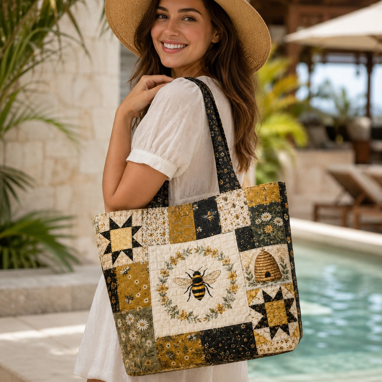 Personalized Quilted Tote Bag, Bee Patchwork Tote Bag, Honey Bee Shoulder Bag, Cottagecore Floral Tote, Quilted Everyday Bag, Beekeeper Gift QTOTE51