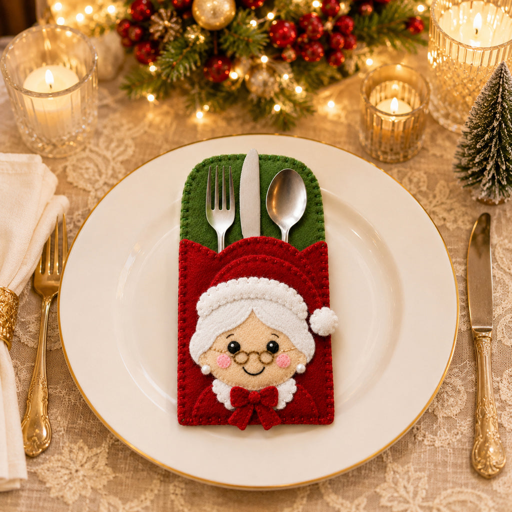 Mrs. Claus Felt Silverware Holder, Christmas Cutlery Pocket, Holiday Table Decor, Festive Dining Decor FELTCH23