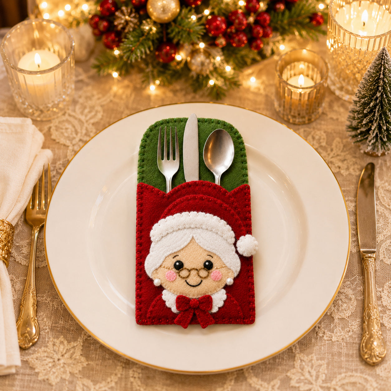 Mrs. Claus Felt Silverware Holder, Christmas Cutlery Pocket, Holiday Table Decor, Festive Dining Decor FELTCH23