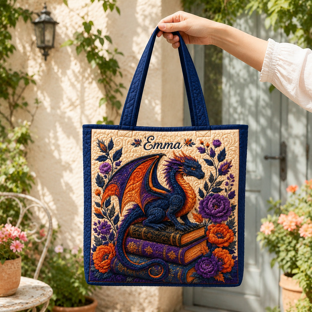 Fantasy Dragon Quilted Tote Bag, Dragon  Book Shoulder Bag, Custom Dragon Lover Tote, Fabric Tote Bag, Gift Bag QTOTE45