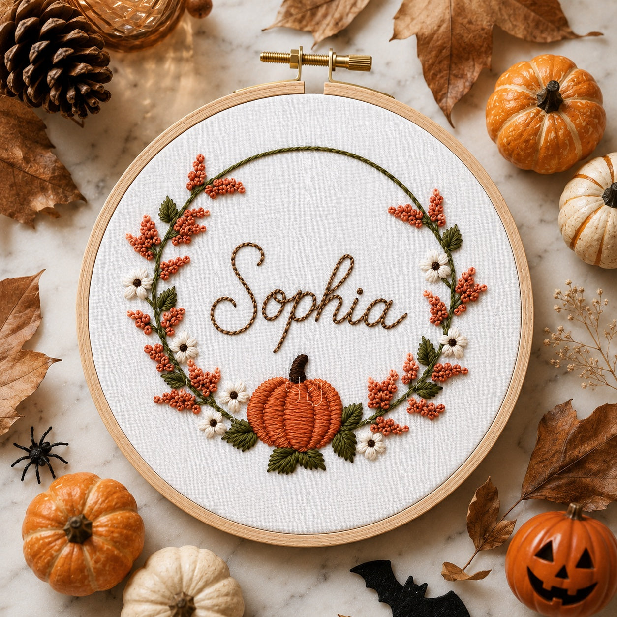 Personalized Pumpkin Floral Embroidery Hoop, Custom Wall Art, Handmade Fall Decor, Autumn Pumpkin Nursery Gift, Halloween Fall Decor HOOP24