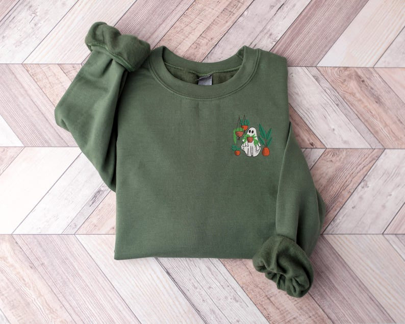 Plant Ghost Embroidered Halloween Shirt, Halloween Embroidery Tshirt, Cozy Embroidery Shirt, Halloween Cute Gift Shirt, Ghost Tee HLEM23