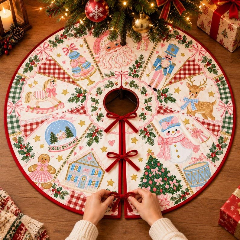 Vintage Santa Gingerbread Quilted Tree Skirt, Patchwork Xmas Tree Skirt, Holiday Decor, Xmas Tree Base Cover, Custom Tree Skirt XMASTS23