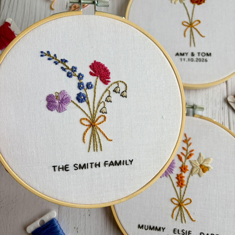 Custom Birth Month Flower Embroidery Hoop, Hand Embroidered Family Name Keepsake, Personalized Birth Flower Bouquet, Handmade Floral Wall Art EM20