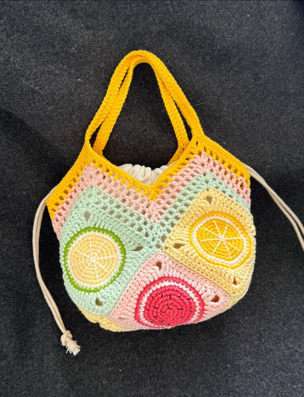 Crochet Fruit Bag, Granny Square Lemon Watermelon Tote, Colorful Handmade Summer Shoulder Bag Crochet15