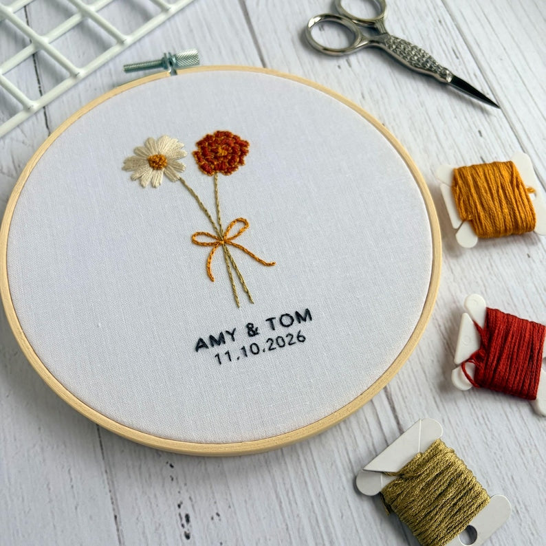 Custom Birth Month Flower Embroidery Hoop, Hand Embroidered Family Name Keepsake, Personalized Birth Flower Bouquet, Handmade Floral Wall Art EM20