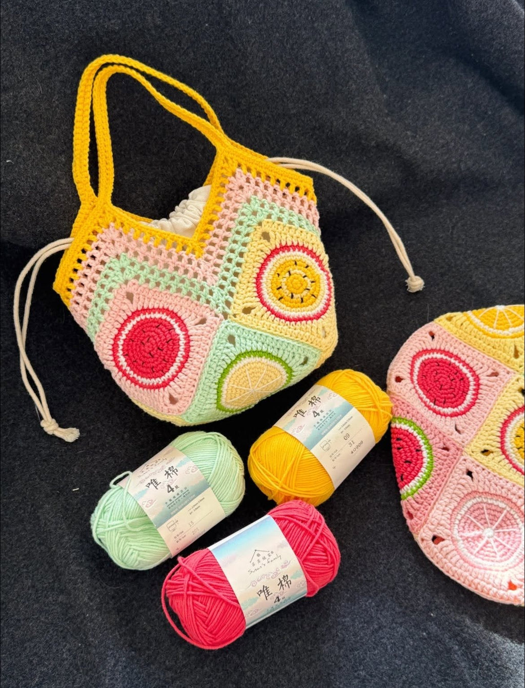 Crochet Fruit Bag, Granny Square Lemon Watermelon Tote, Colorful Handmade Summer Shoulder Bag Crochet15