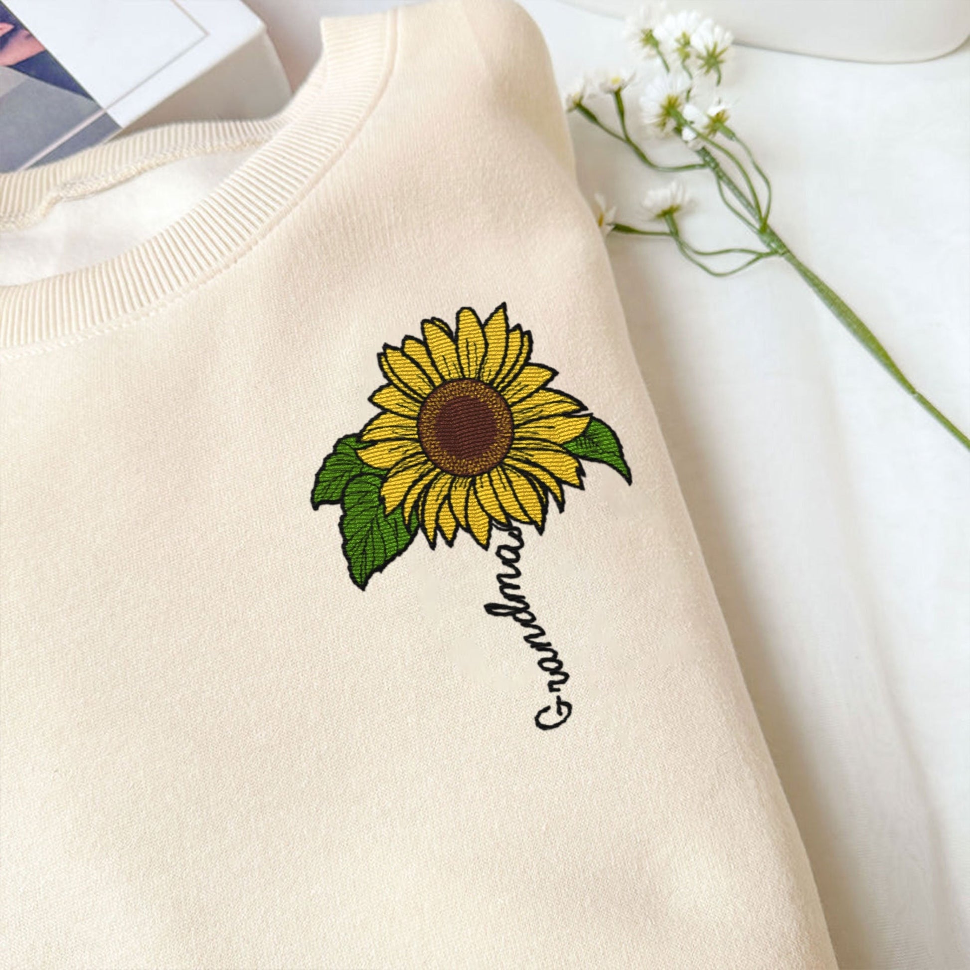 Grandma Sunflower Embroidered Sweatshirt, Personalized Name Crewneck, Gift for Grandma, Custom Flower Pullover