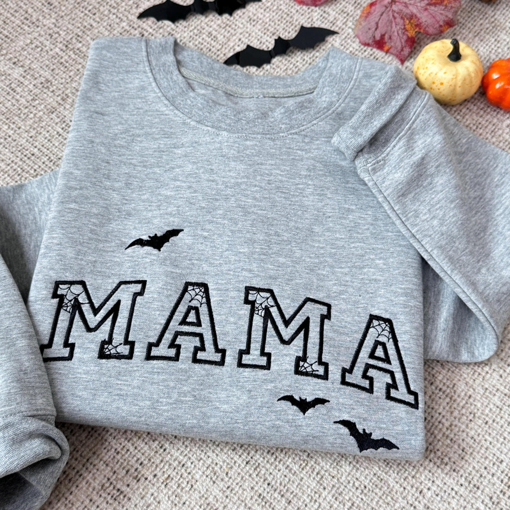 Custom Mama Embroidered Halloween Sweatshirt, Personalized Mom Embroidery Hoodie, Bat Mom Outfit Halloween MAMA Clothing, Mothers Day Gift