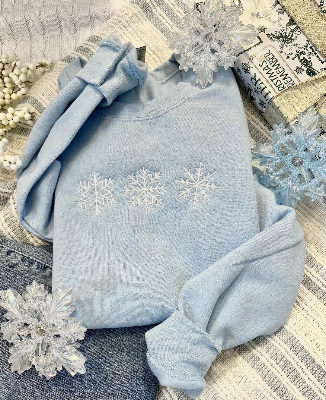 Embroidered Snowflakes Sweatshirt, Simple Winter Crewneck, Cozy Winter Sweatshirt, Minimalist Snowflake Pullover