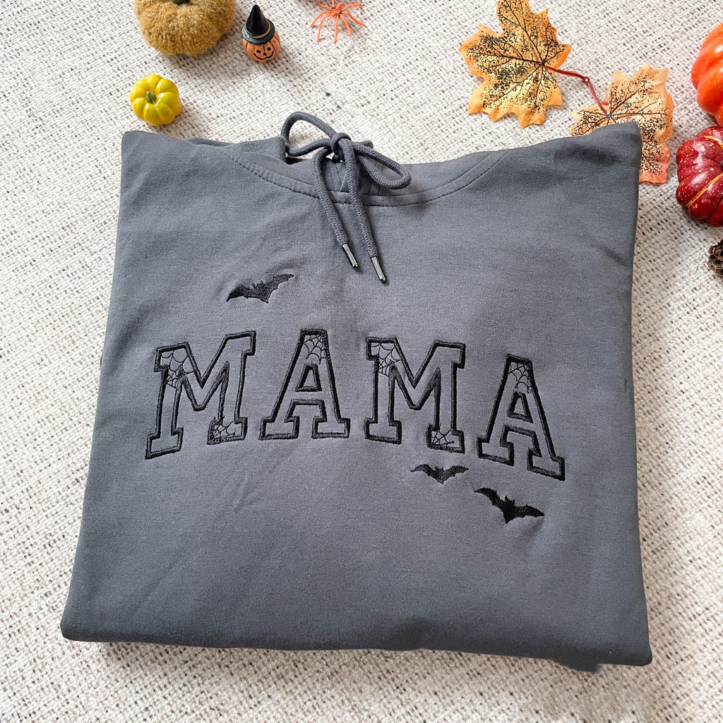 Custom Mama Embroidered Halloween Sweatshirt, Personalized Mom Embroidery Hoodie, Bat Mom Outfit Halloween MAMA Clothing, Mothers Day Gift
