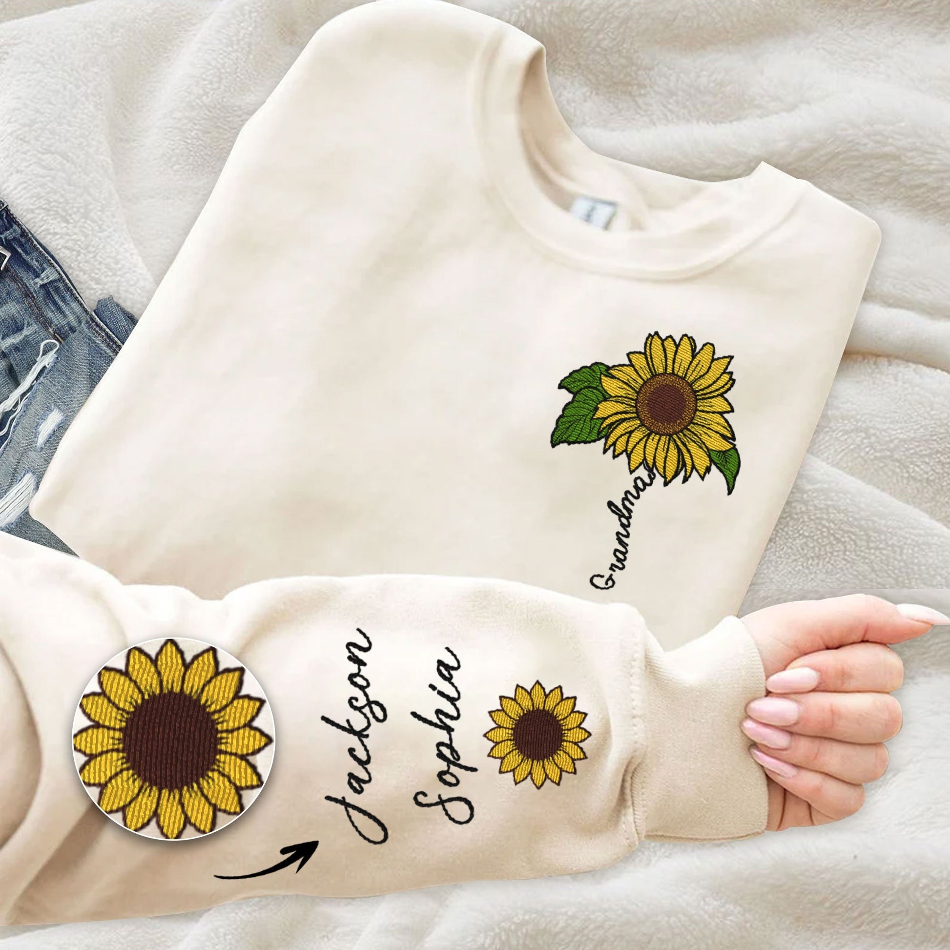 Grandma Sunflower Embroidered Sweatshirt, Personalized Name Crewneck, Gift for Grandma, Custom Flower Pullover