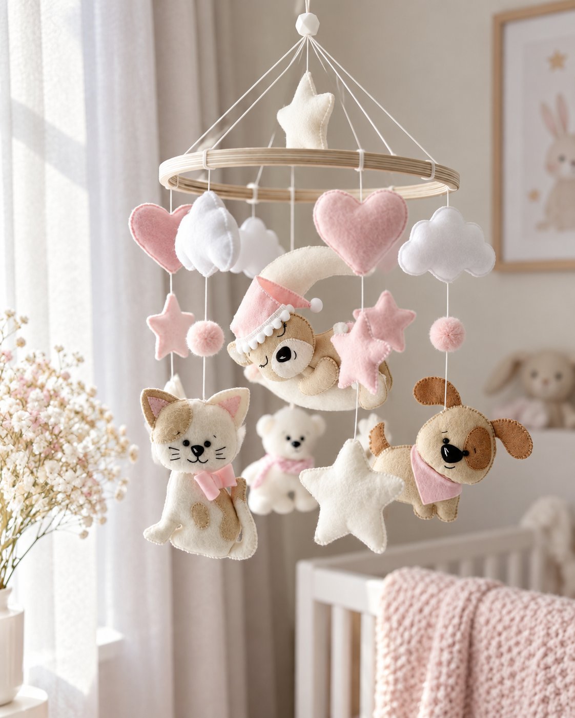 Pink Pet Felt Baby Mobile, Handmade Felt Crib Mobile with Cat Dog Puppy Stars Hearts, Pink Nursery Decor, Baby Girl Room Gift BBMB41