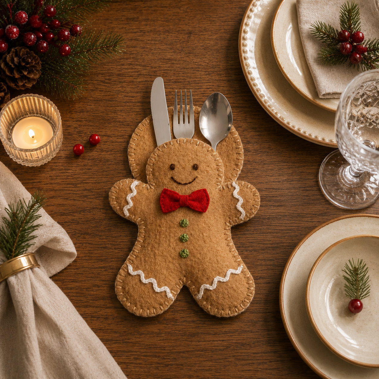 Gingerbread Man Felt Silverware Holder, Christmas Cutlery Pocket, Holiday Table Setting, Festive Decor, Christmas Decor FELTCH24