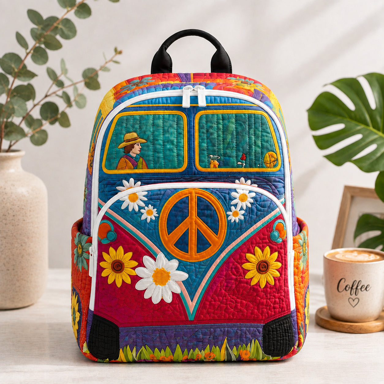 Camper Van Quilted Backpack, Camper Floral Backpack, Mini Travel Bag, School Bag, Back To School Backpack QBP11