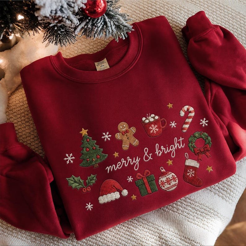 Embroidered Merry And Bright Christmas Sweatshirt, Family Matching Xmas Shirt, Christmas Season Shirt XMASS15