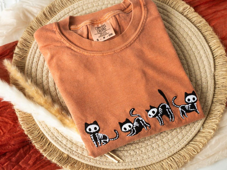 Embroidered Skeleton Cats Shirt, Fall Tee, Skeleton Halloween Shirt, Unisex Shirt HLEM24