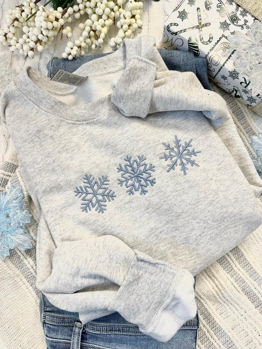 Embroidered Snowflakes Sweatshirt, Simple Winter Crewneck, Cozy Winter Sweatshirt, Minimalist Snowflake Pullover