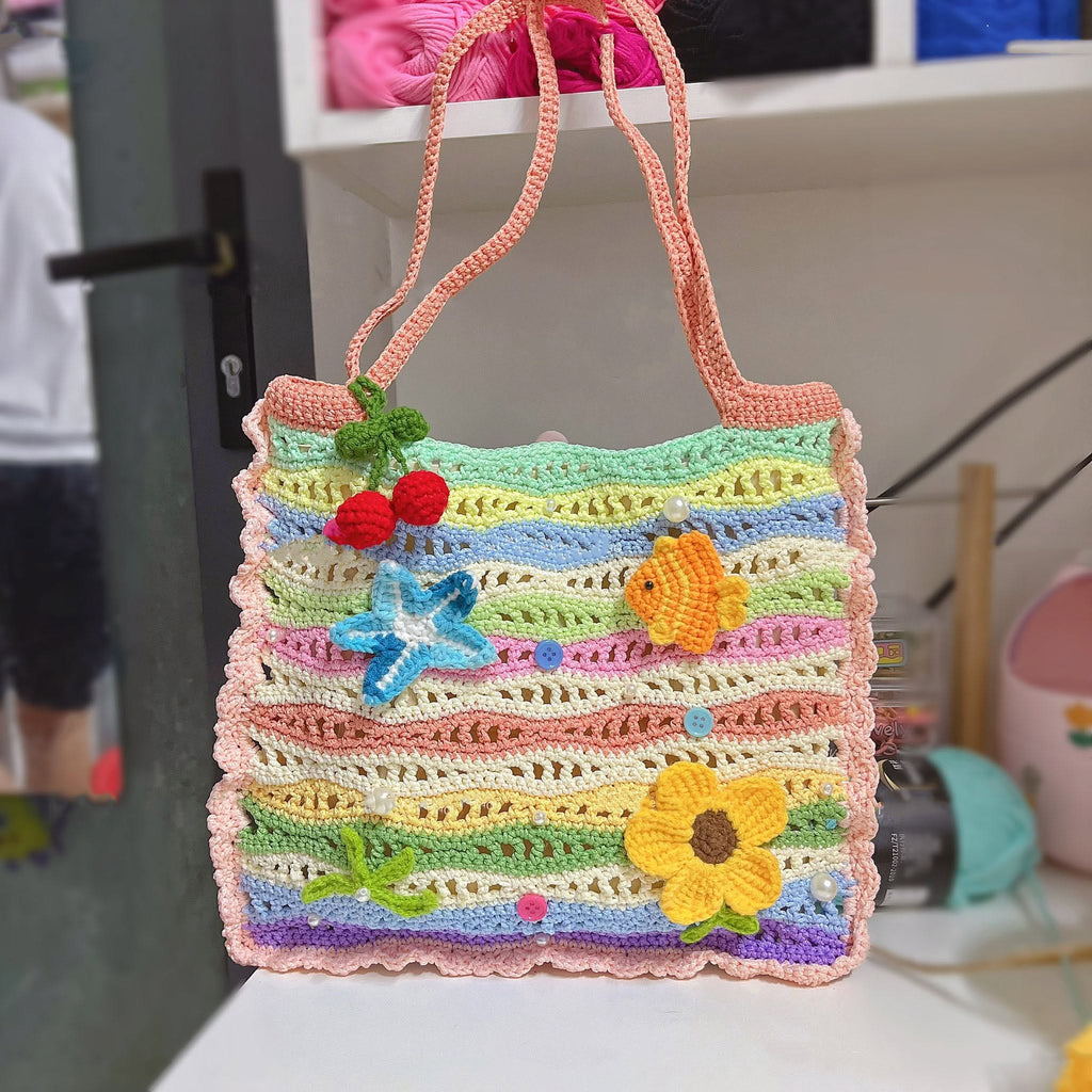 Crochet Beach Tote Bag, Colorful Ocean Shoulder Bag, Summer Bag For Her, Starfish Fish Flower Handmade Summer Purse Crochet14