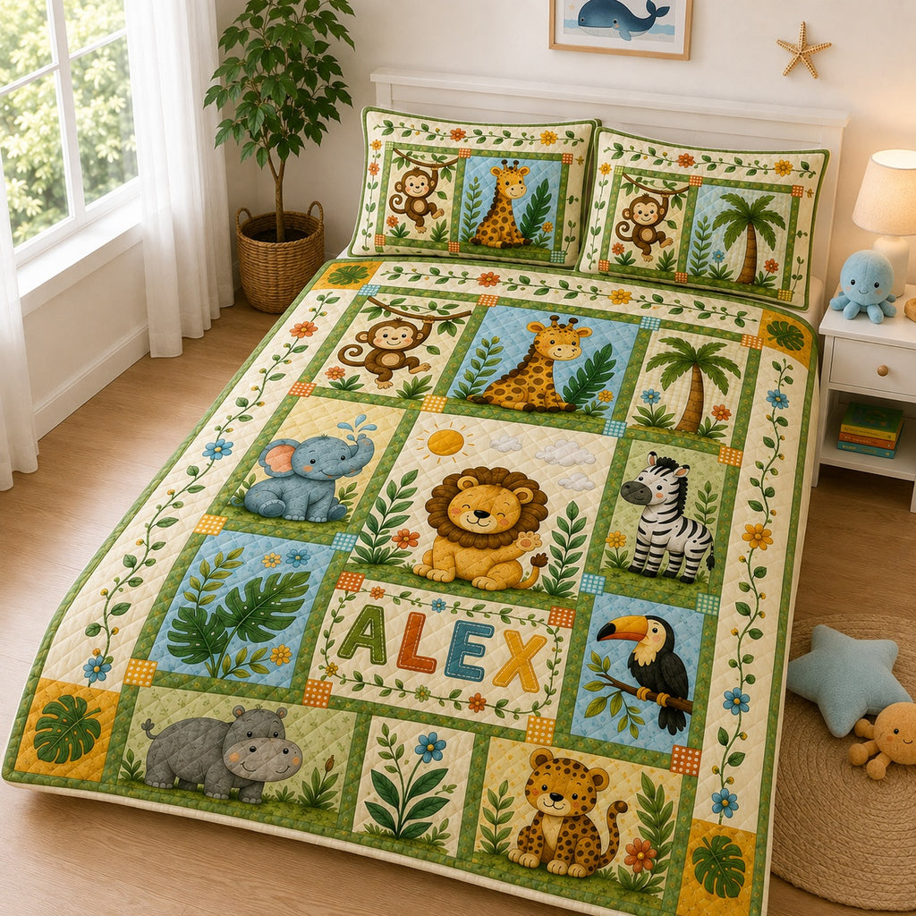 Safari Animals Patchwork Quilted Bedding Set, Custom Name Jungle Quilt with Pillow Covers, Kids Nursery Bedding QBEDSET22
