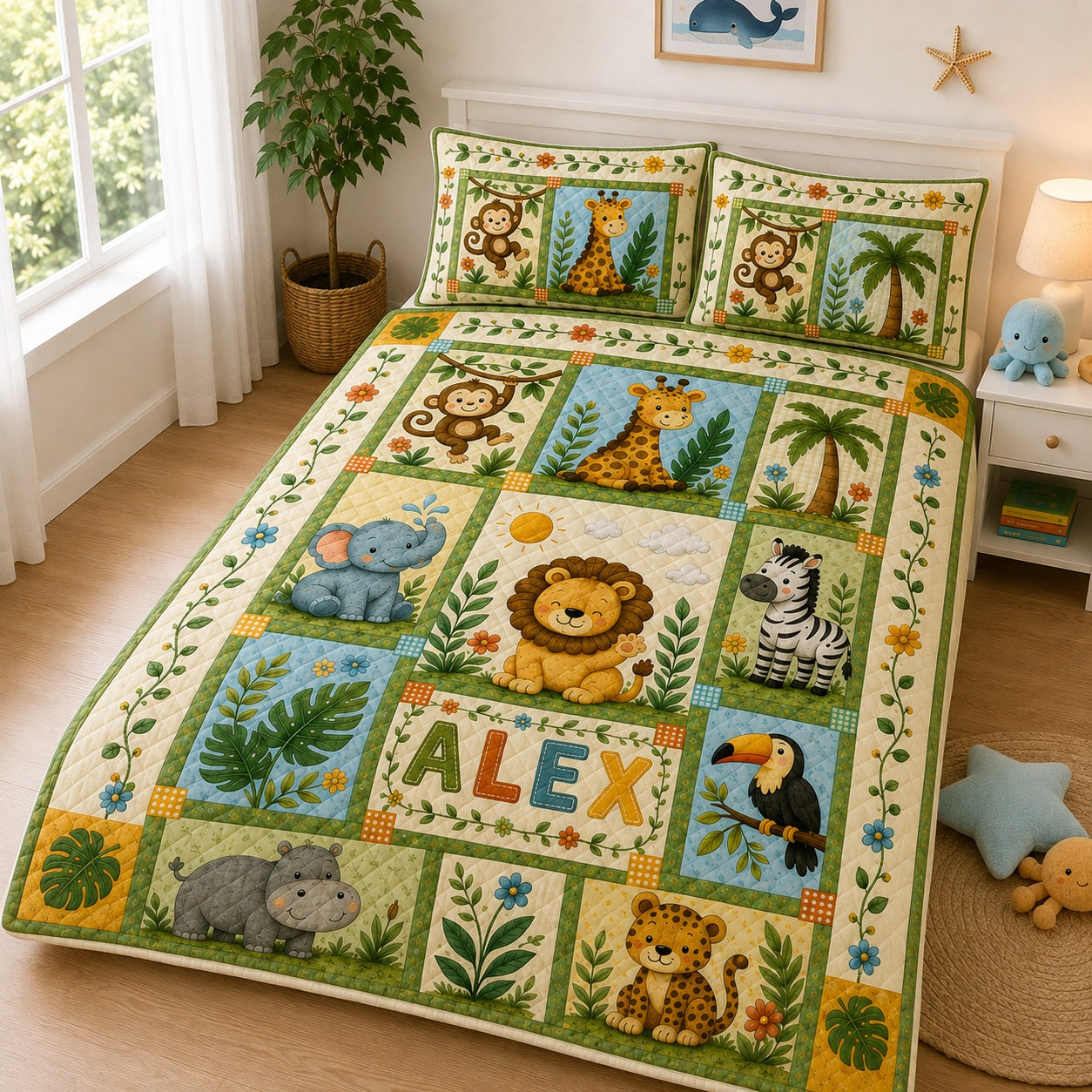 Safari Animals Patchwork Quilted Bedding Set, Custom Name Jungle Quilt with Pillow Covers, Kids Nursery Bedding QBEDSET22